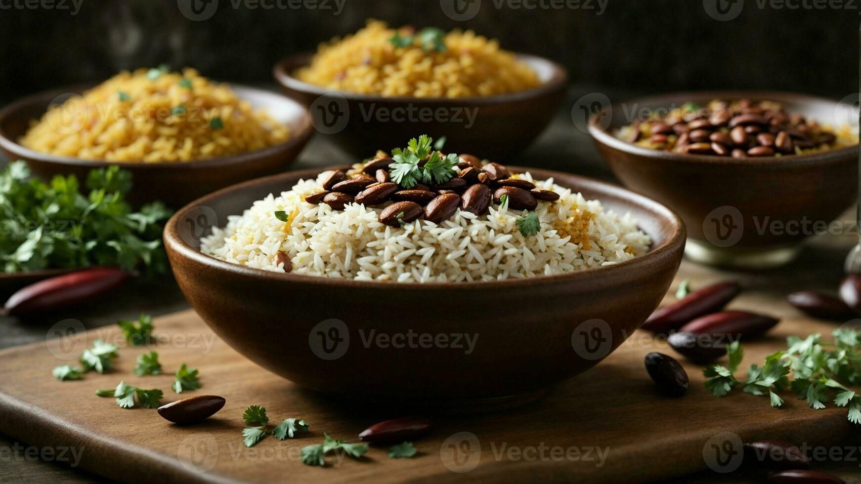 AI generated Present a festive version of Rajma Rice with colorful toppings and sides. photo