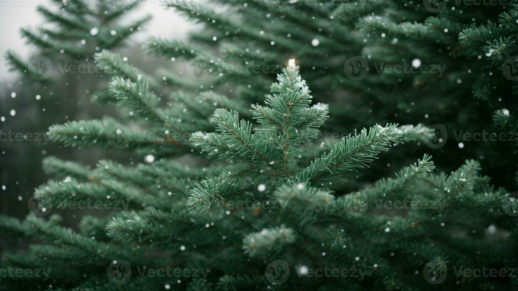 AI generated Depict the delicate dance of snowflakes settling on the needles of a towering evergreen. photo