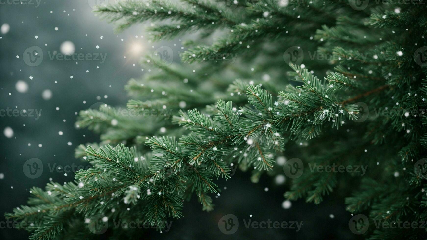 AI generated Depict the delicate dance of snowflakes settling on the needles of a towering evergreen. photo