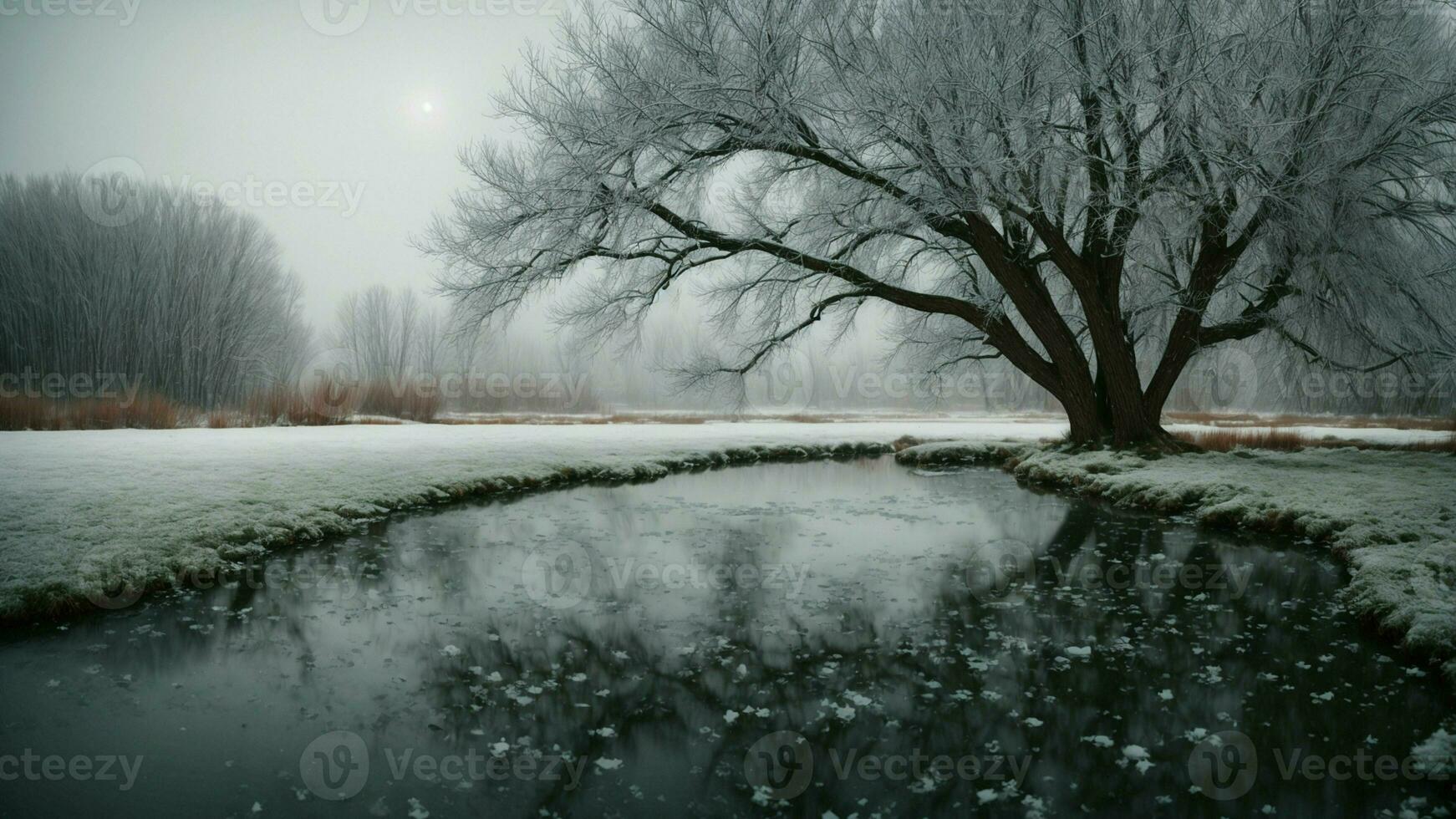 AI generated Explore the delicate balance between stillness and movement as snowflakes fall around a frozen pond surrounded by ancient willows. photo