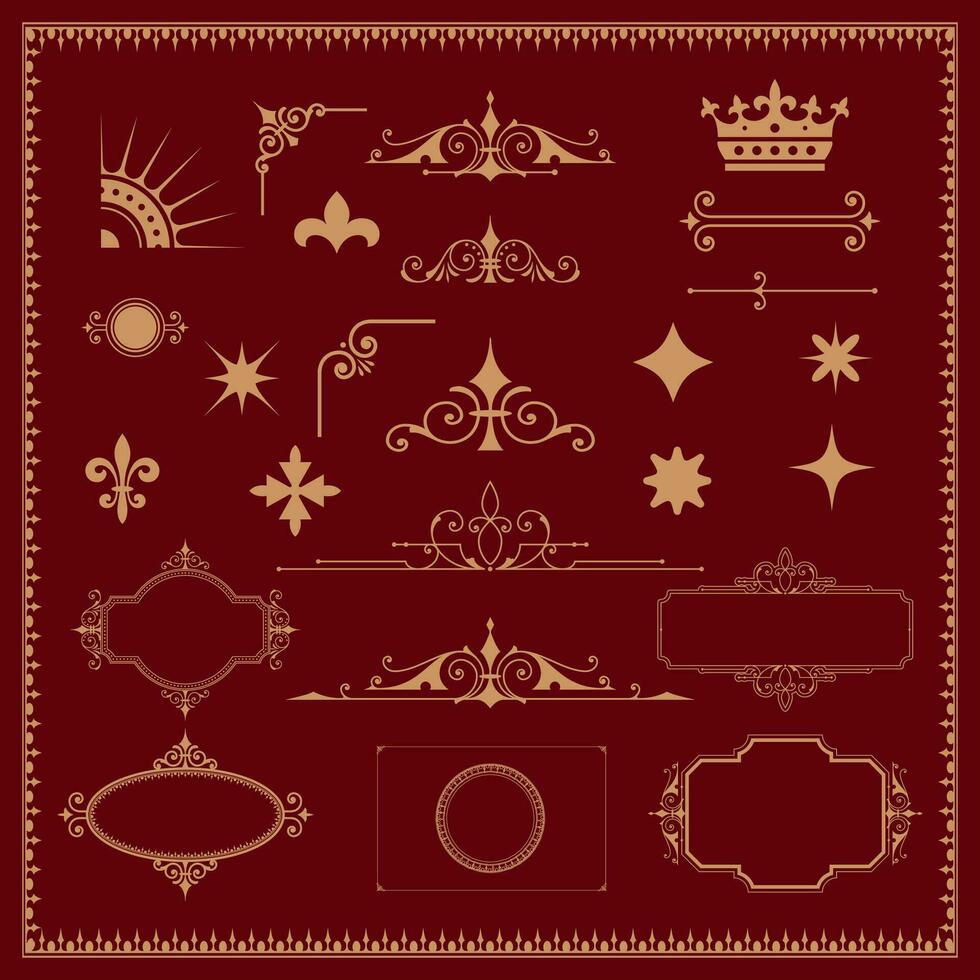 Golden vintage floral elements art deco style decorative border frames and dividers. vector