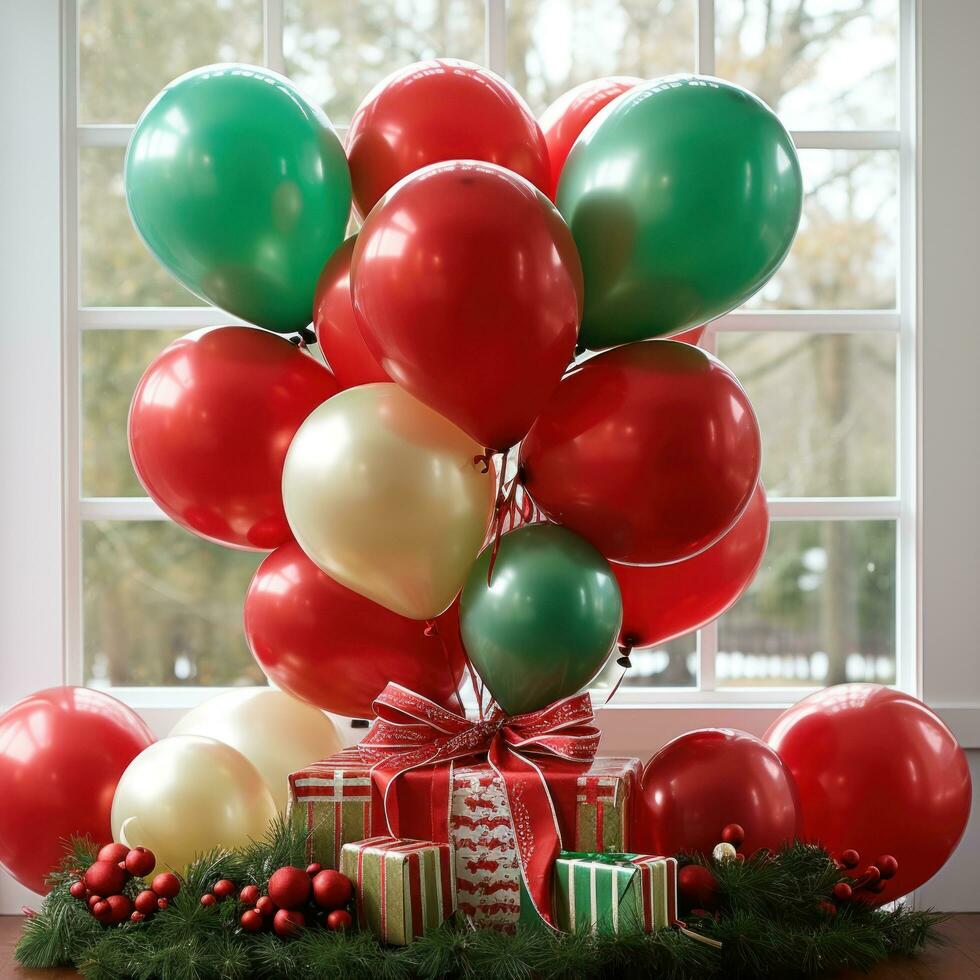 AI generated lassic red and green balloon display set against a snowy background. photo