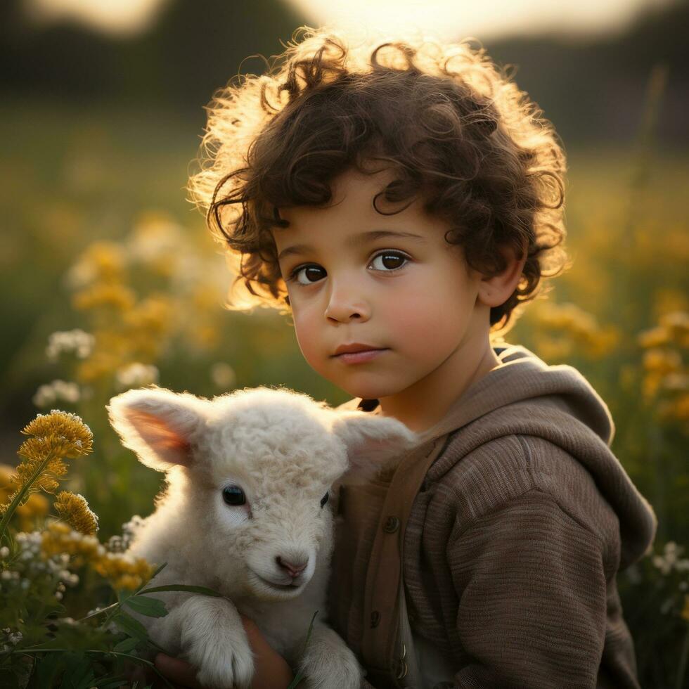 AI generated ittle boy sitting in a field of flowers with a baby lamb cuddled up next to him photo