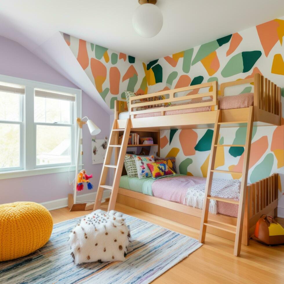 ai generado un juguetón para niños habitación con un vistoso fondo de pantalla acento muro, un de madera litera cama con un escalera foto