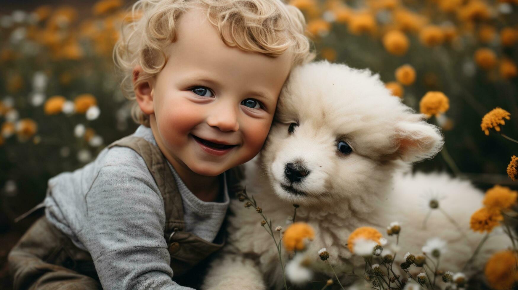 ai generado pequeño chico sentado en un campo de flores con un bebé Cordero abrazado arriba siguiente a él foto