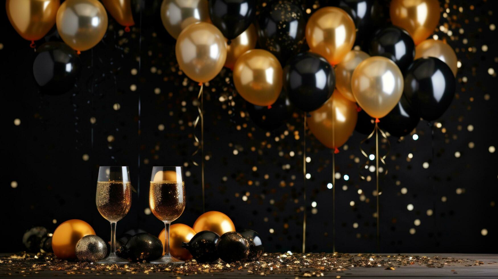 AI generated sophisticated black and gold balloon background photo