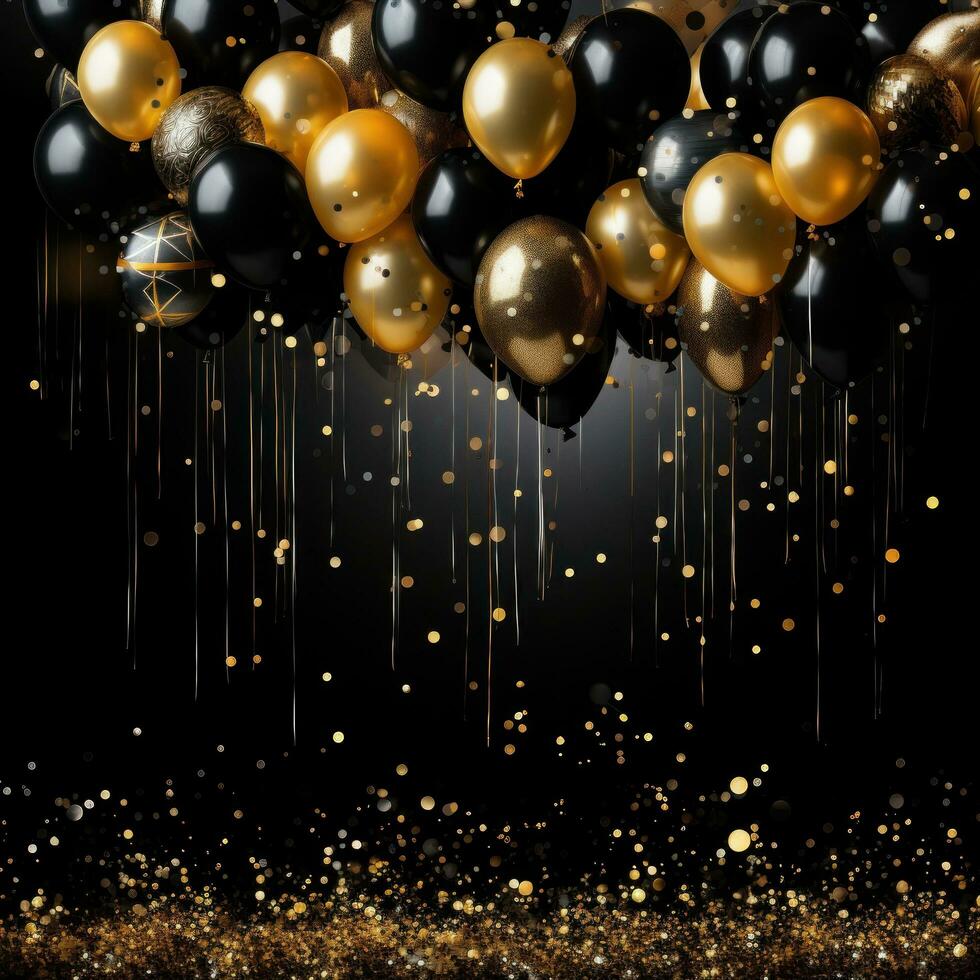 AI generated sophisticated black and gold balloon background photo