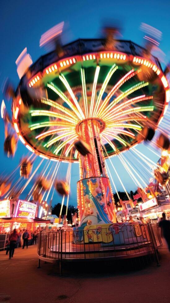 AI generated thrill of carnival rides, with bright lights and a bustling carnival atmosphere in the background. photo