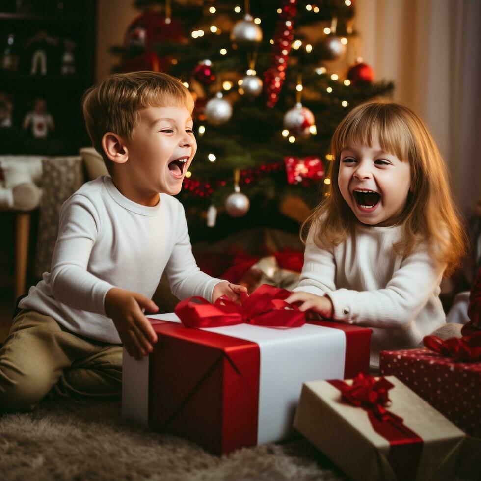 AI generated children excitedly looking at decorations and gifts under the Christmas tree. photo