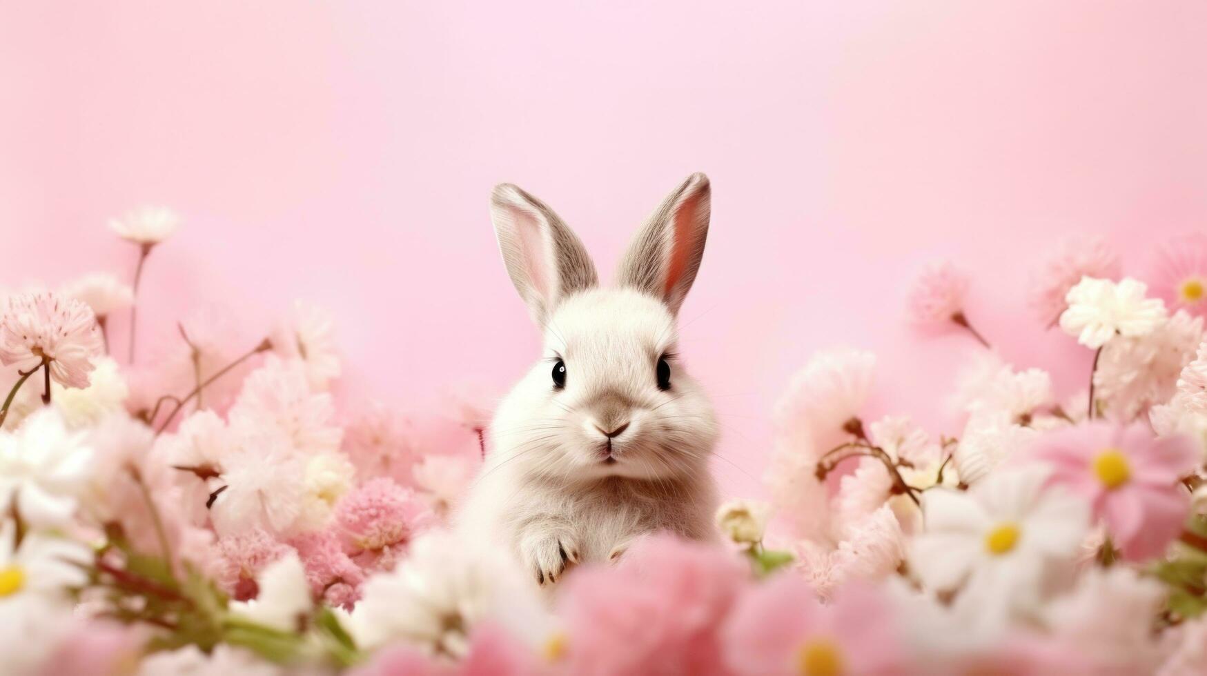 AI generated pink background with a cute and whimsical Easter bunny in the center, surrounded by spring flowers photo