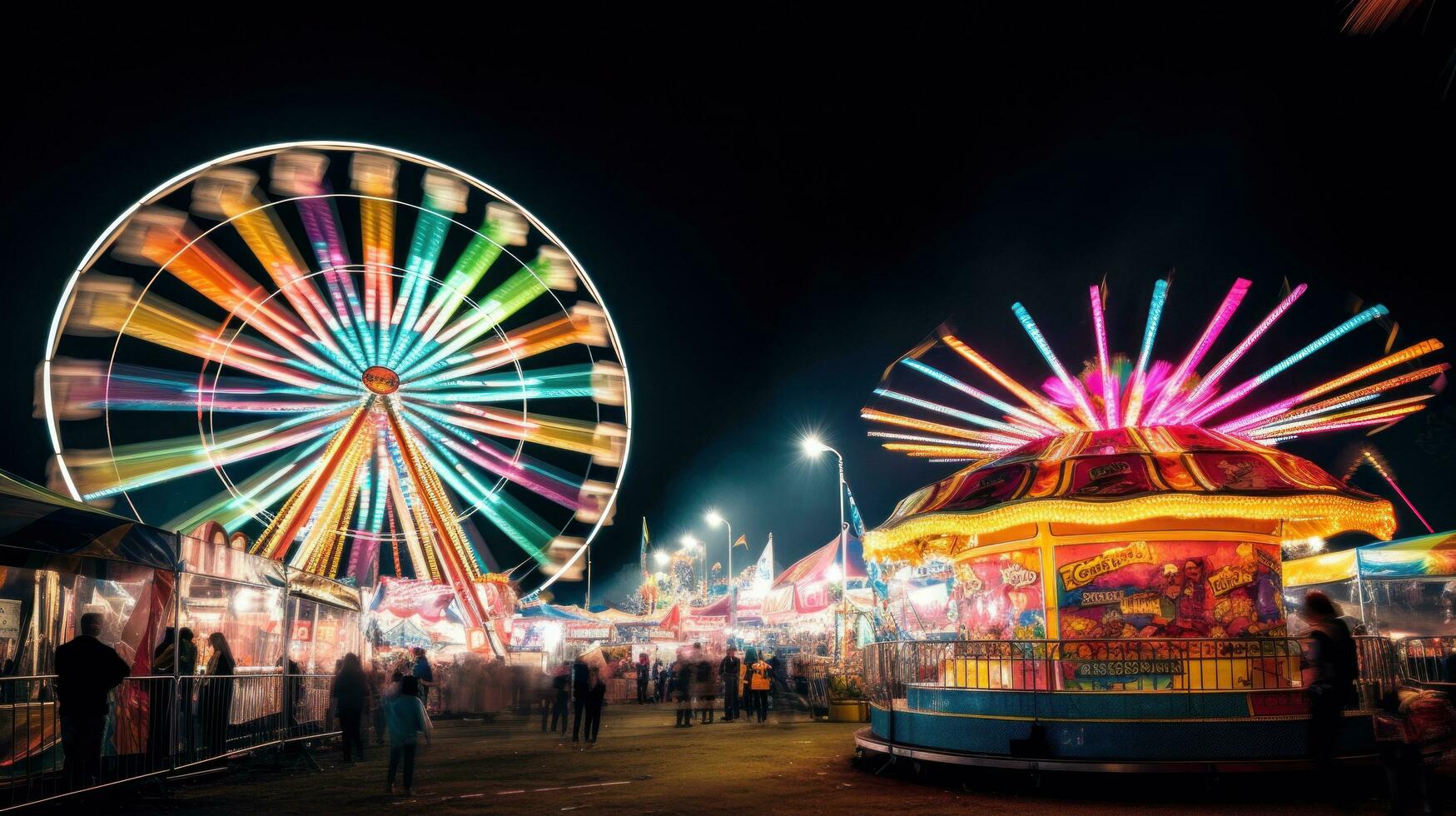 AI generated thrill of carnival rides, with bright lights and a bustling carnival atmosphere in the background. photo