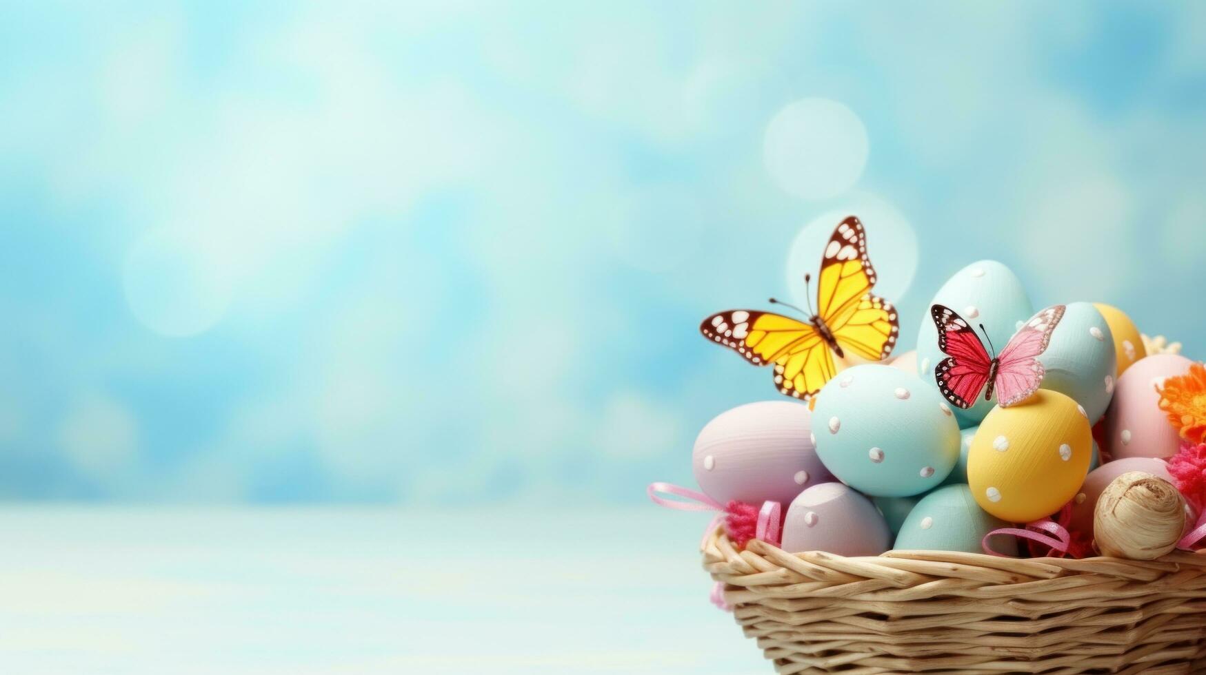 AI generated Easter basket filled with eggs andfluttering butterflies, set against a light blue background photo