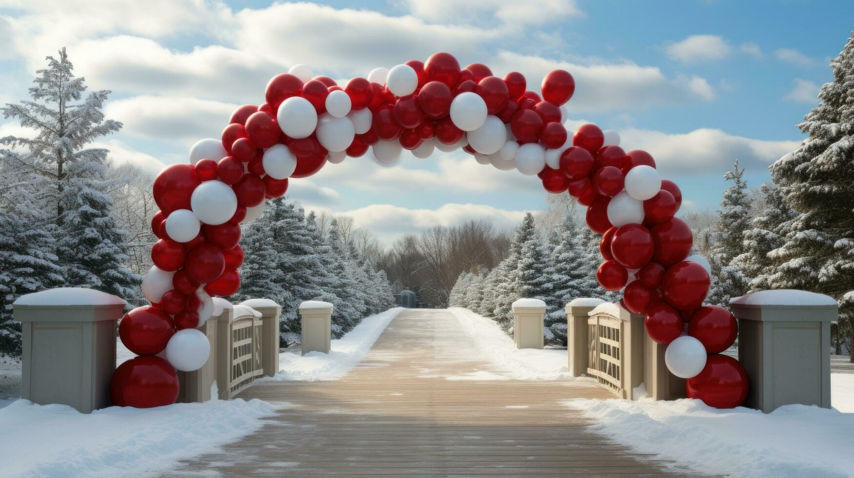 AI generated lassic red and green balloon display set against a snowy background. photo