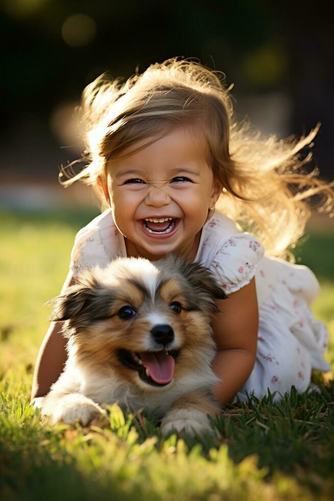 AI generated toddler giggling as she plays with a tiny puppy, the two of them rolling around on the grass photo