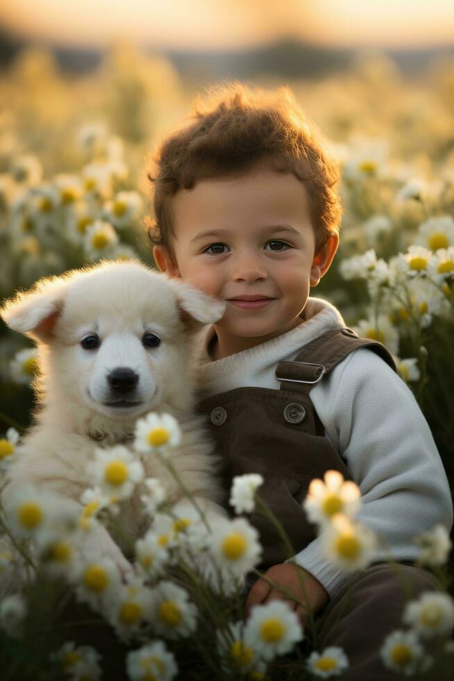 AI generated ittle boy sitting in a field of flowers with a baby lamb cuddled up next to him photo