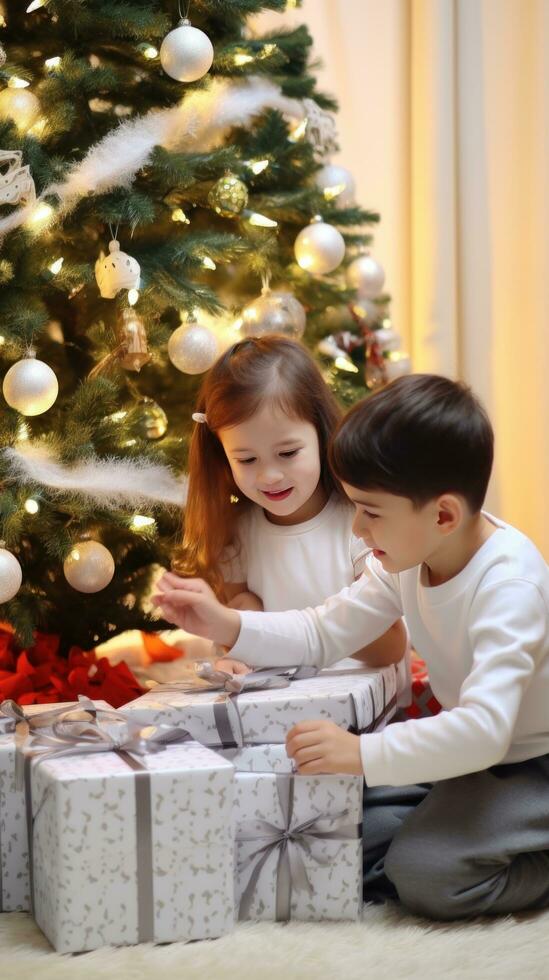 AI generated children excitedly looking at decorations and gifts under the Christmas tree. photo
