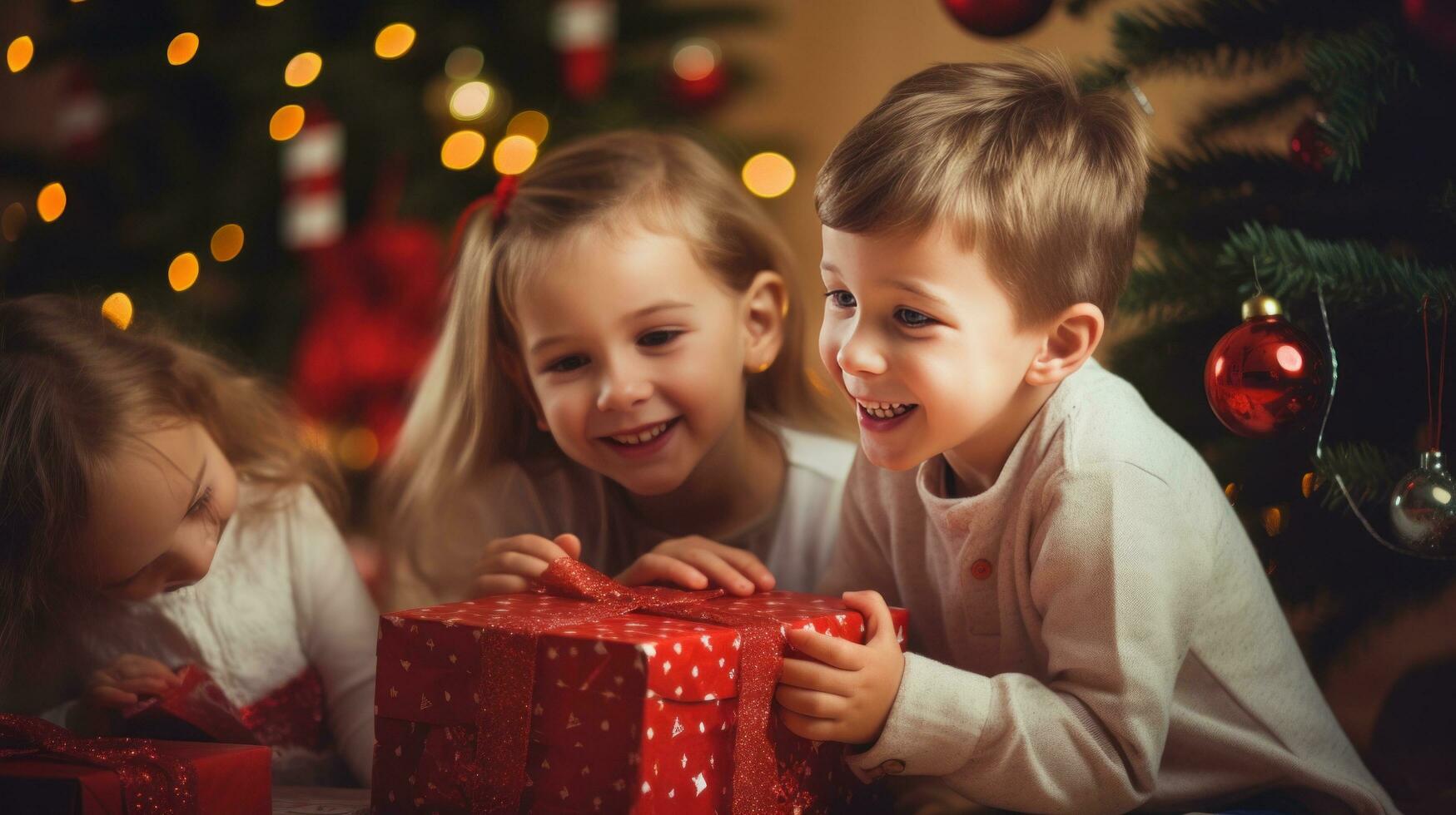 ai generado niños emocionado mirando a decoraciones y regalos debajo el Navidad árbol. foto