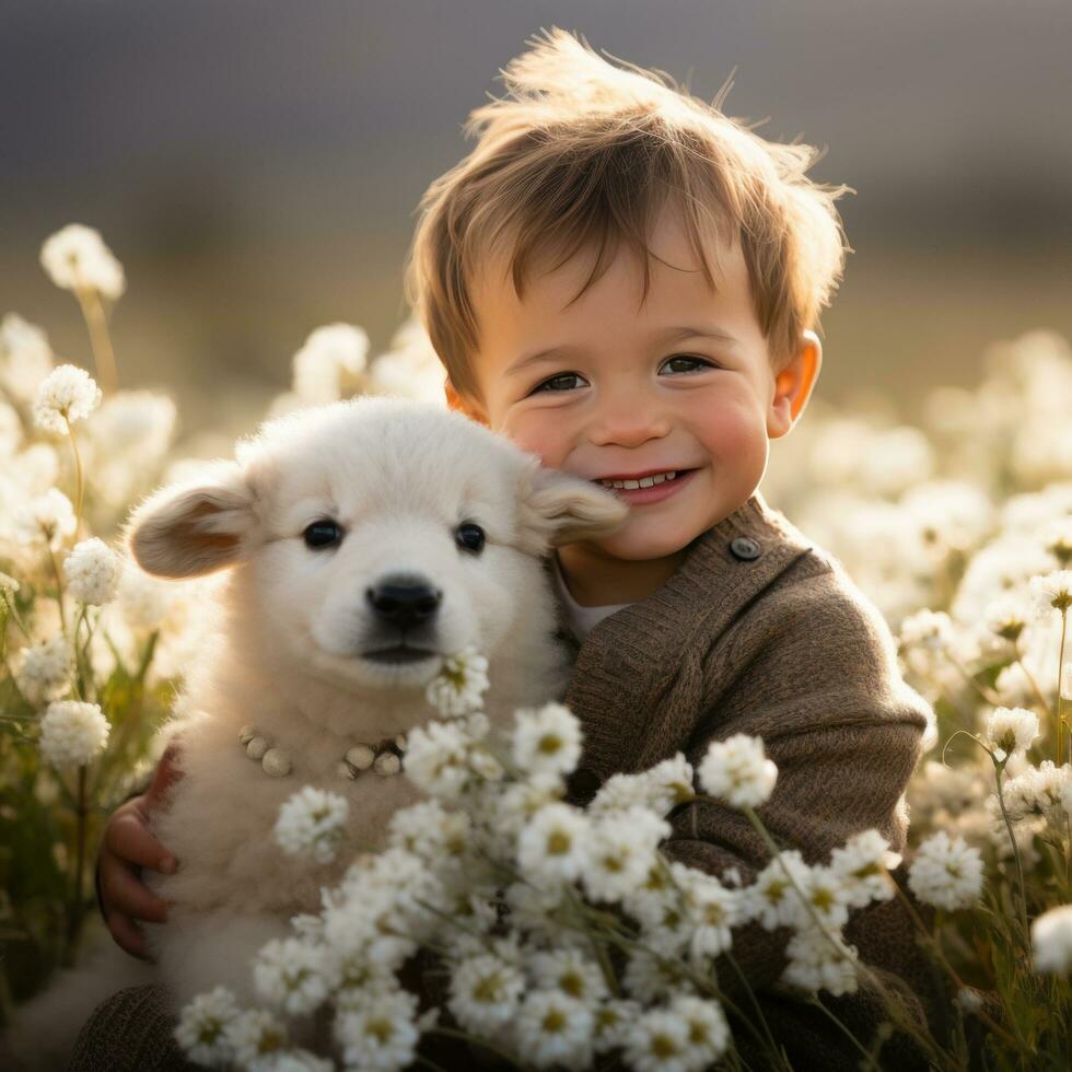 ai generado pequeño chico sentado en un campo de flores con un bebé Cordero abrazado arriba siguiente a él foto