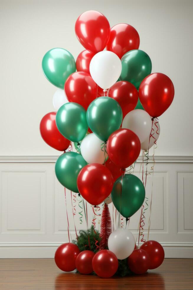 AI generated lassic red and green balloon display set against a snowy background. photo