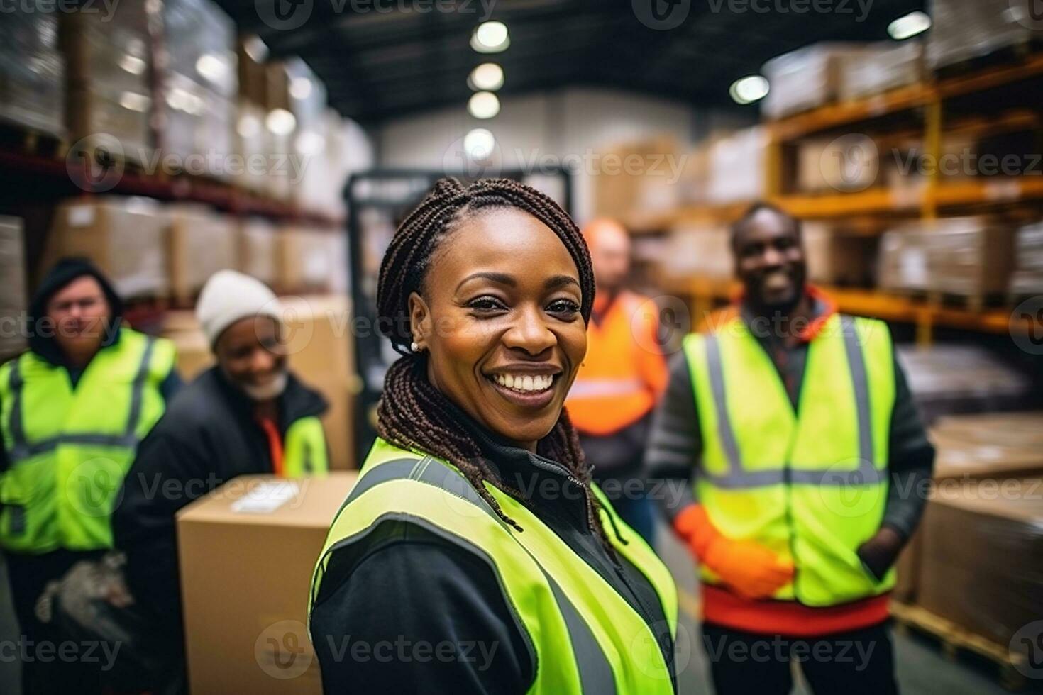 AI generated Portrait of smiling female warehouse worker standing with staff in background at warehouse photo