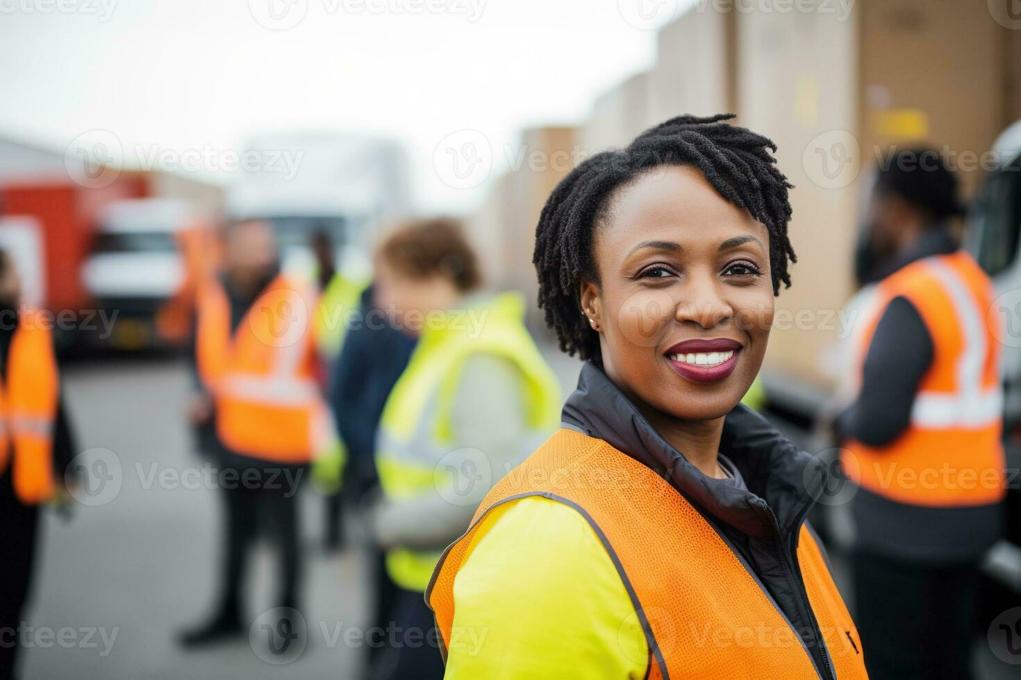 AI generated Portrait of smiling female warehouse worker standing with staff in background at warehouse photo