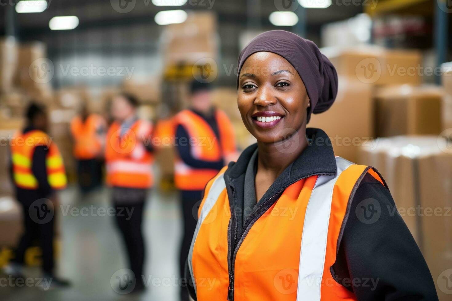 AI generated Portrait of smiling african american female warehouse worker standing in warehouse with colleagues in background photo