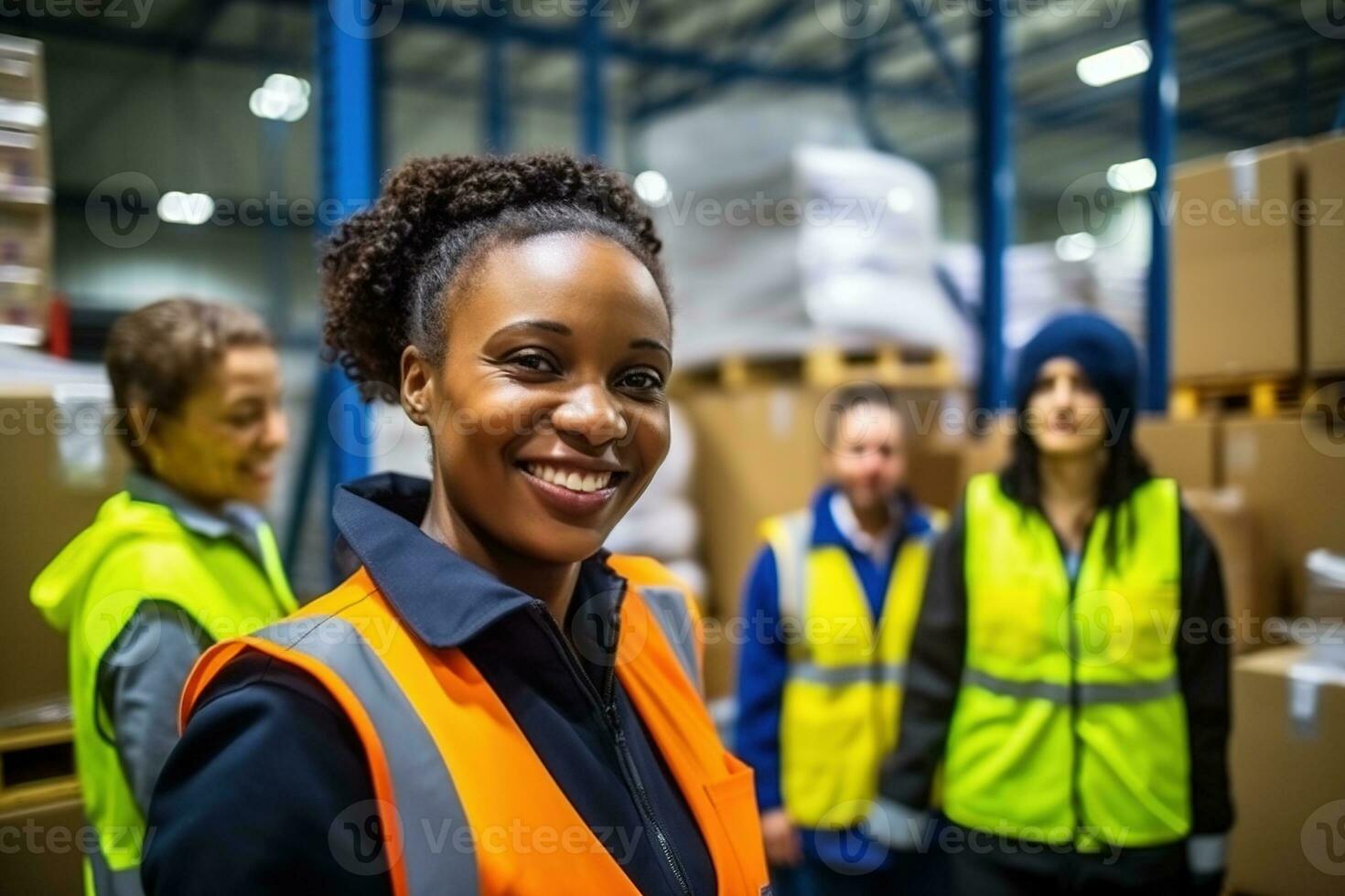 AI generated Portrait of smiling female warehouse worker standing with staff in background at warehouse photo