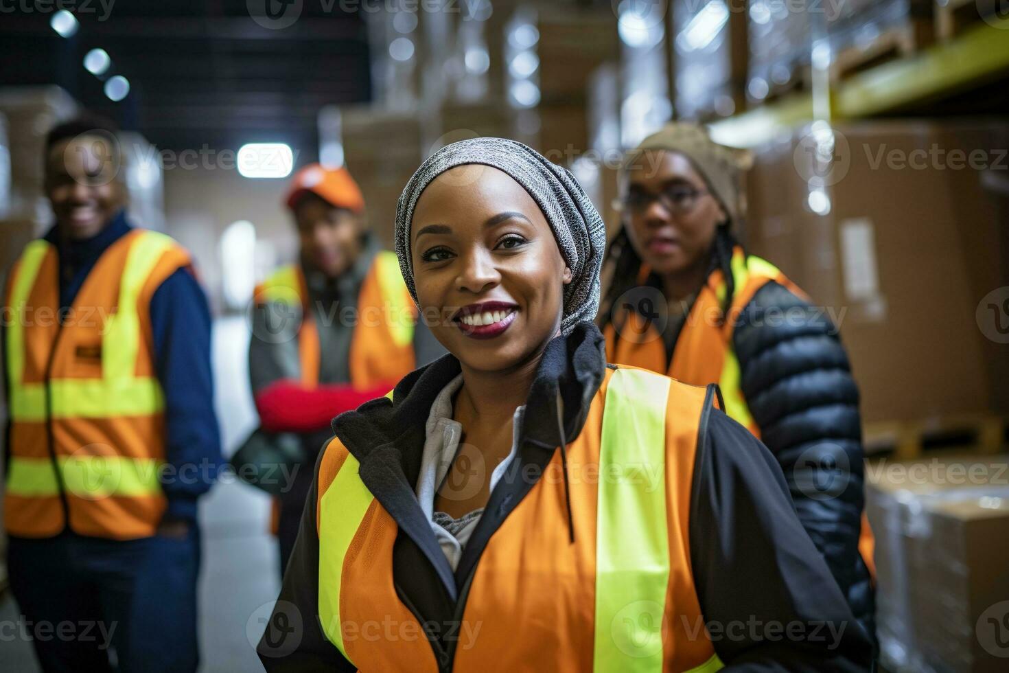 AI generated Portrait of smiling african american female warehouse worker standing in warehouse with colleagues in background photo