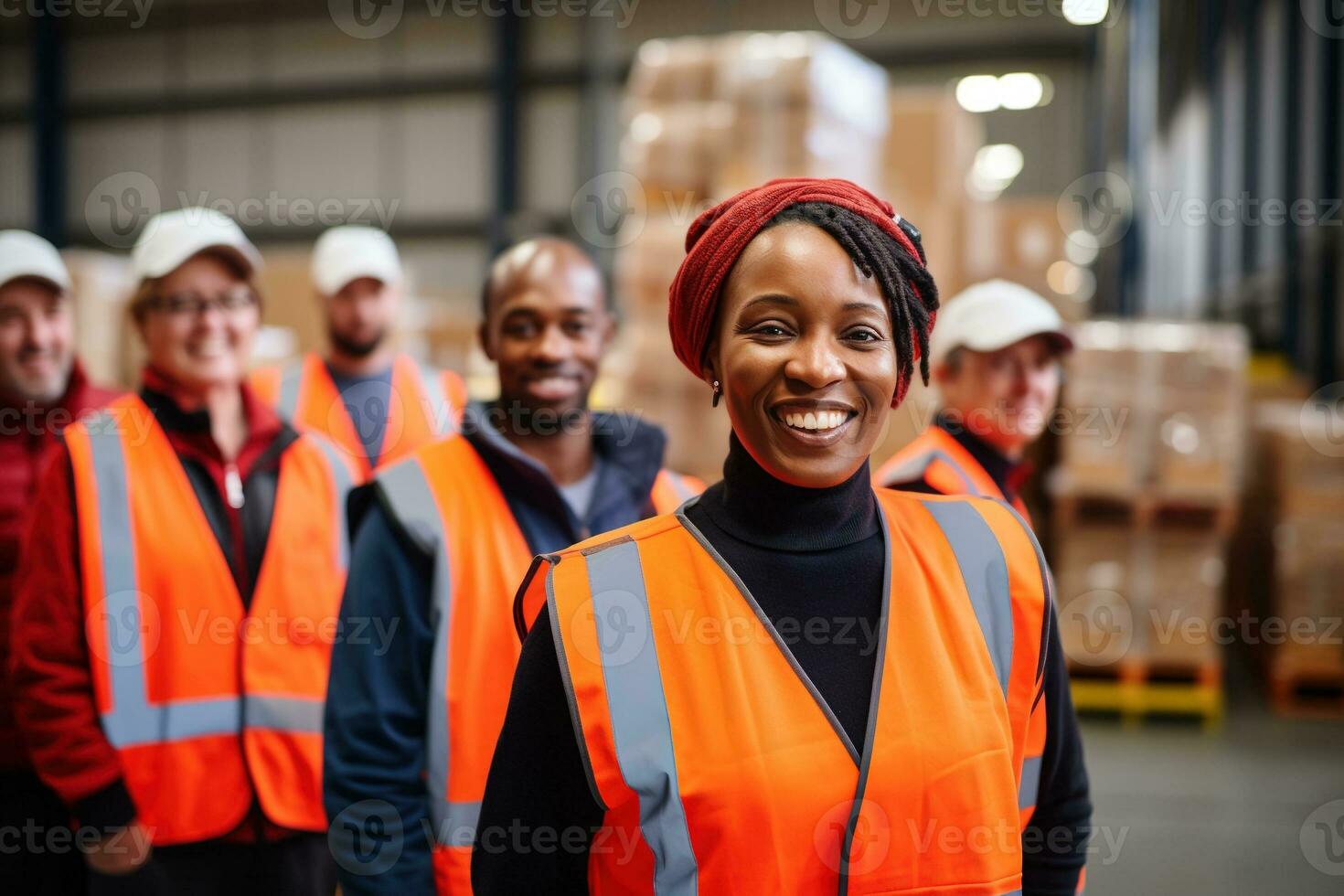 AI generated Portrait of smiling female warehouse worker standing with staff in background at warehouse photo