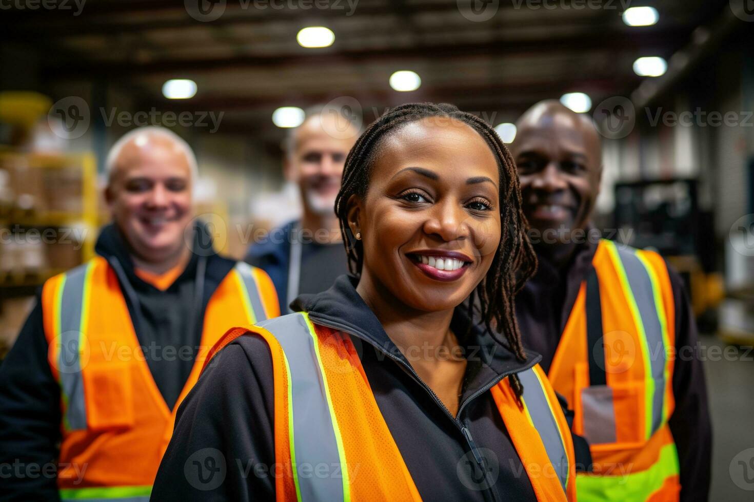 AI generated Portrait of smiling female warehouse worker standing with staff in background at warehouse photo