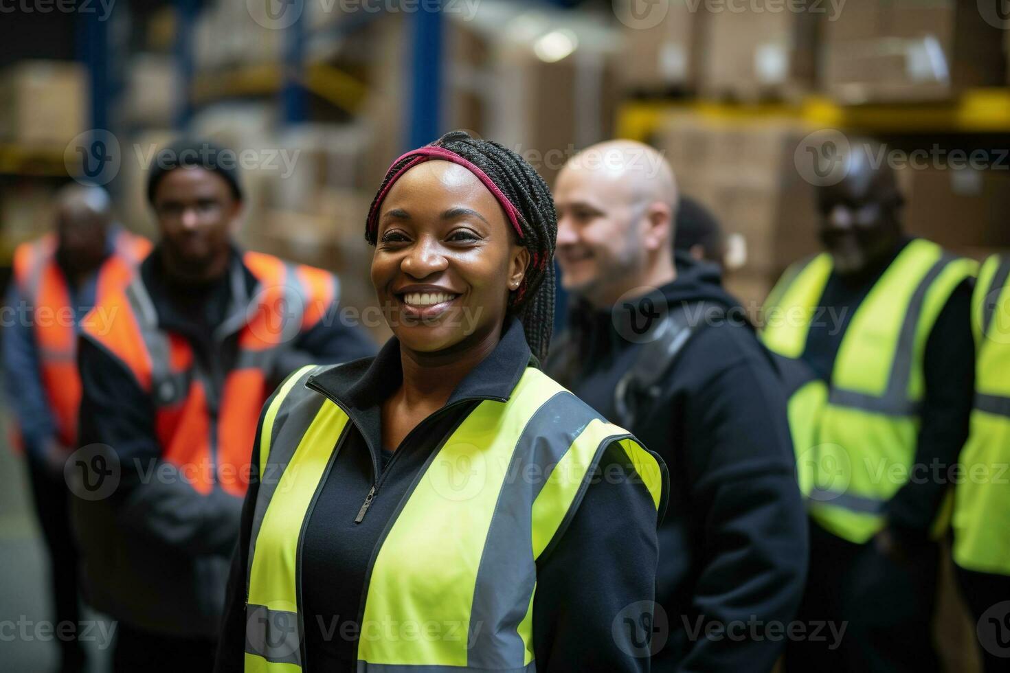 AI generated Portrait of smiling female warehouse worker standing with staff in background at warehouse photo