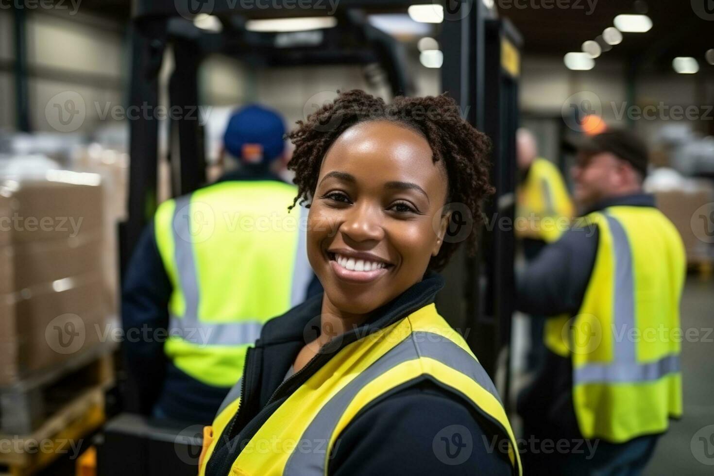 AI generated Portrait of smiling female warehouse worker standing with staff in background at warehouse photo