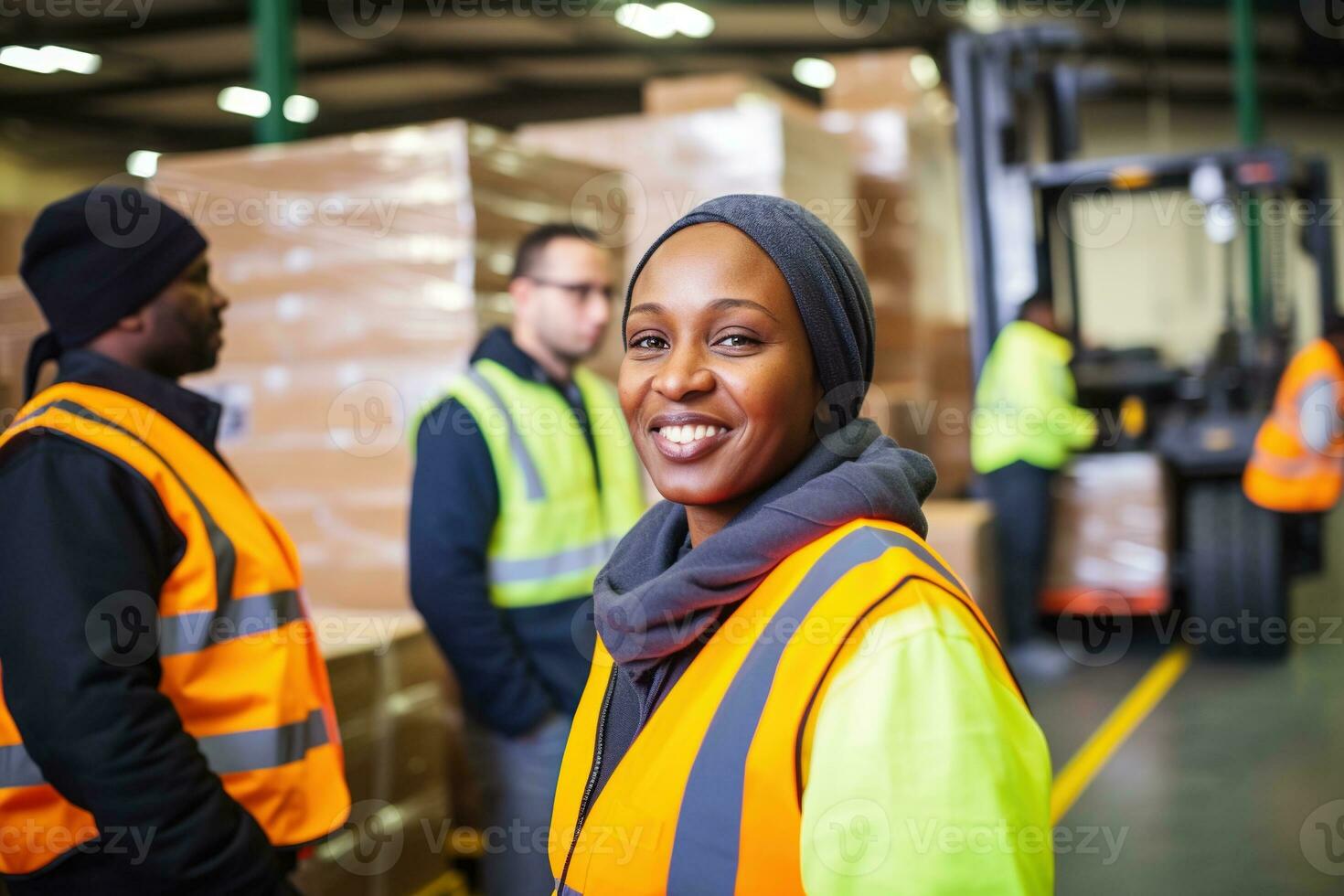 AI generated Portrait of smiling female warehouse worker standing with staff in background at warehouse photo