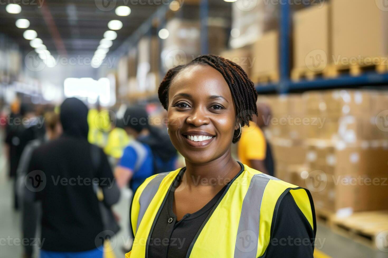 AI generated Portrait of smiling african american female warehouse worker standing in warehouse with colleagues in background photo