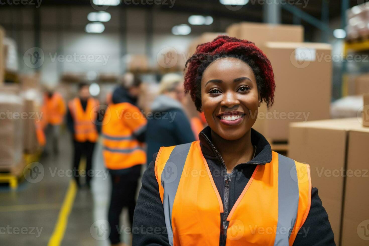 AI generated Portrait of smiling african american female warehouse worker standing in warehouse with colleagues in background photo