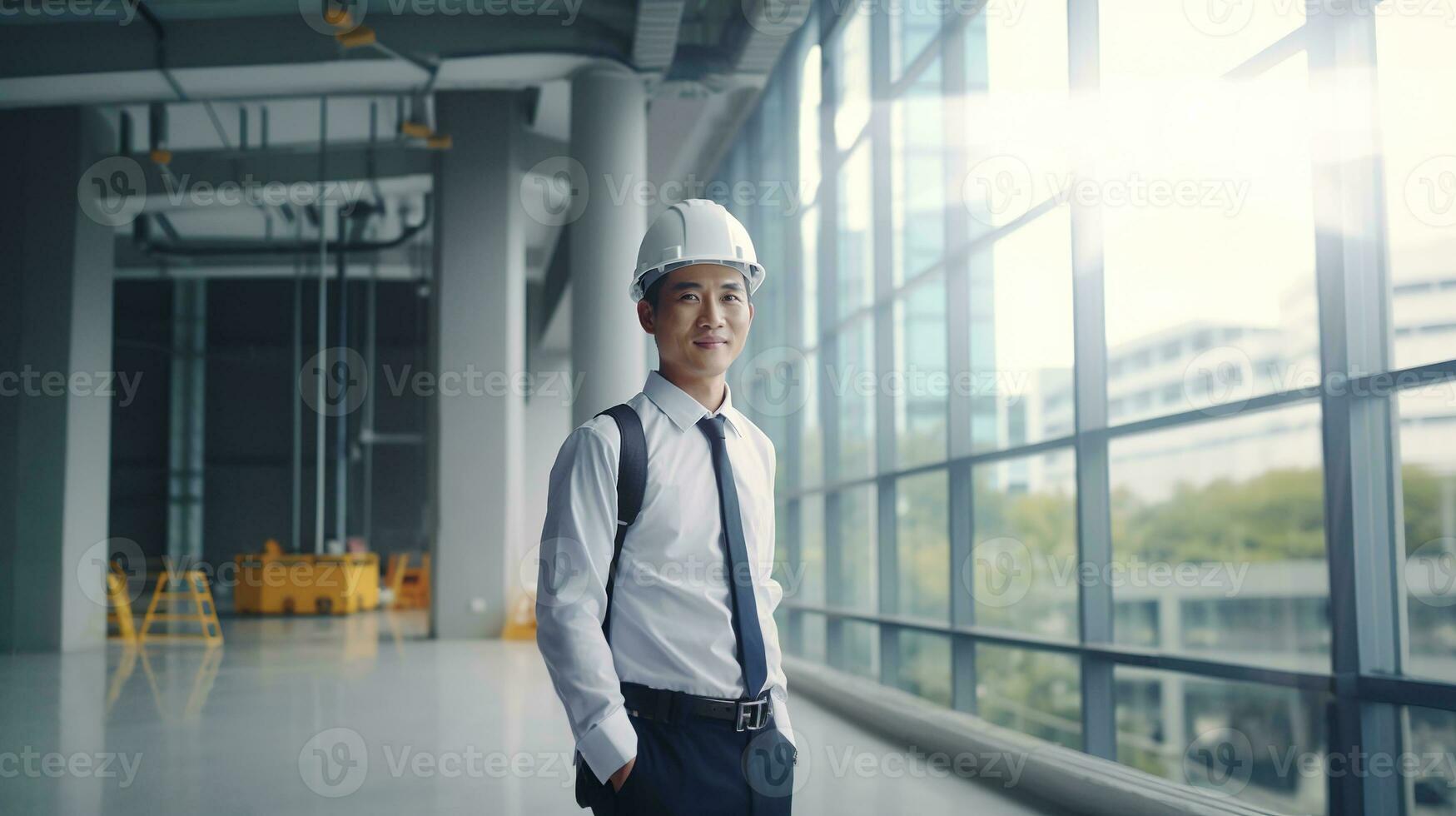 ai generado retrato de asiático ingeniero o arquitecto en construcción sitio con edificio antecedentes foto