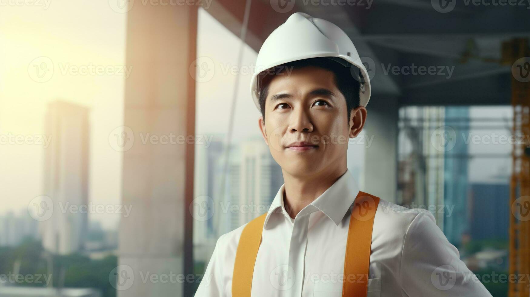 AI generated Portrait of Asian engineer or architect on construction site with building background photo