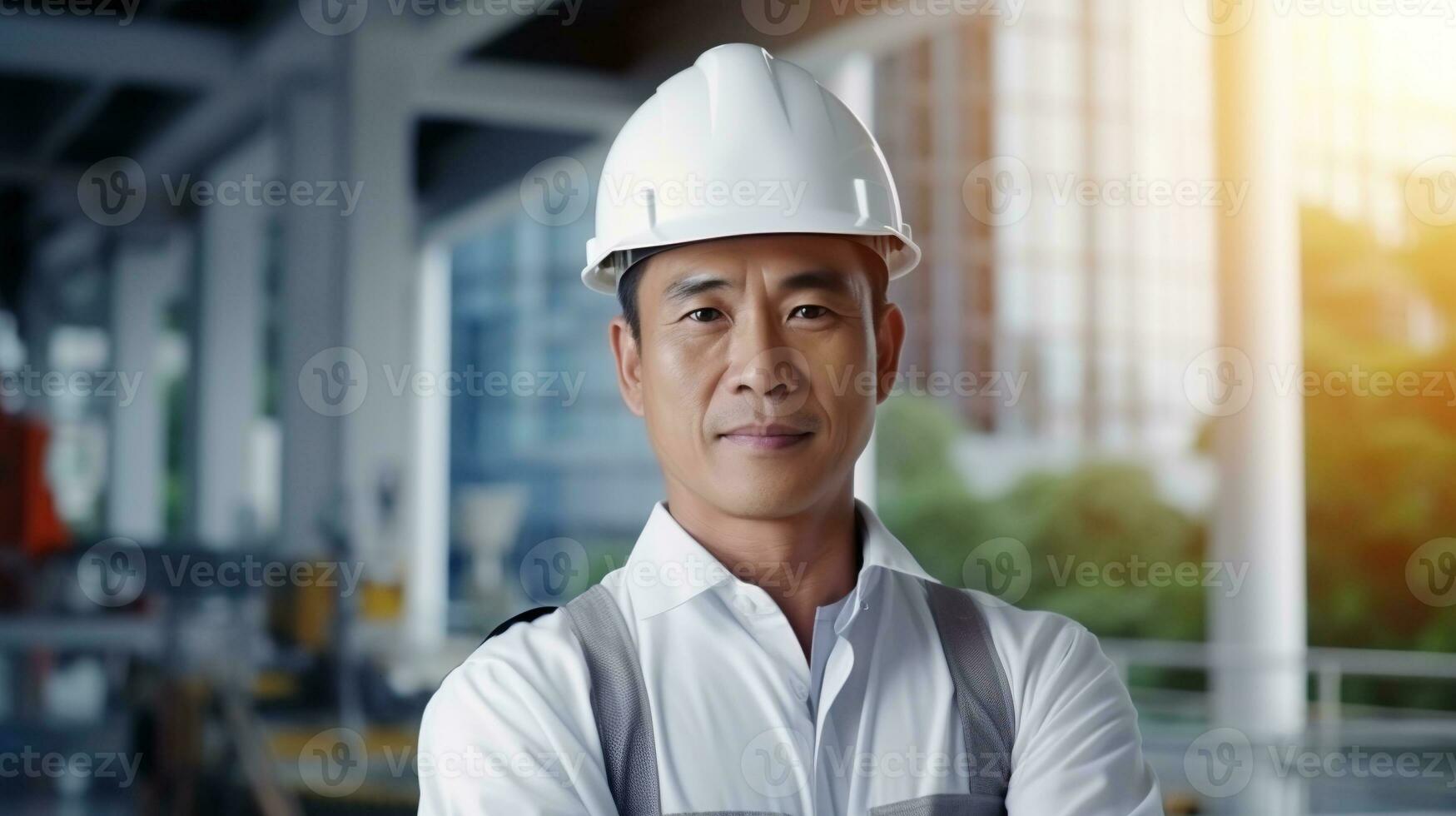 ai generado retrato de asiático ingeniero o arquitecto en construcción sitio con edificio antecedentes foto