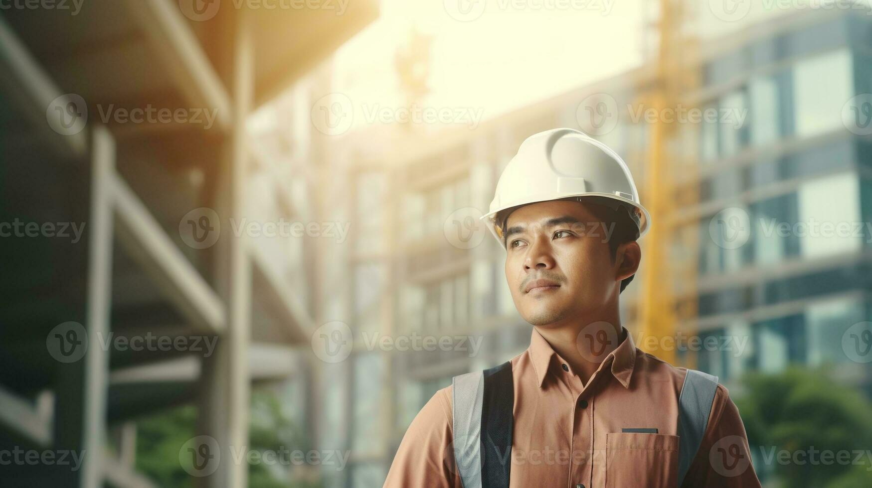 AI generated Portrait of Asian engineer or architect on construction site with building background photo