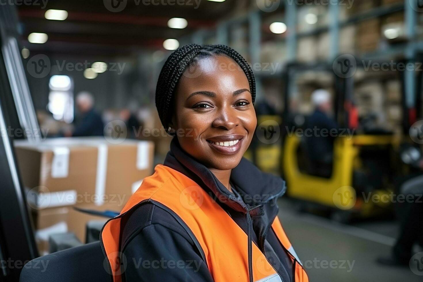 AI generated Portrait of smiling african american female warehouse worker standing in warehouse with colleagues in background photo