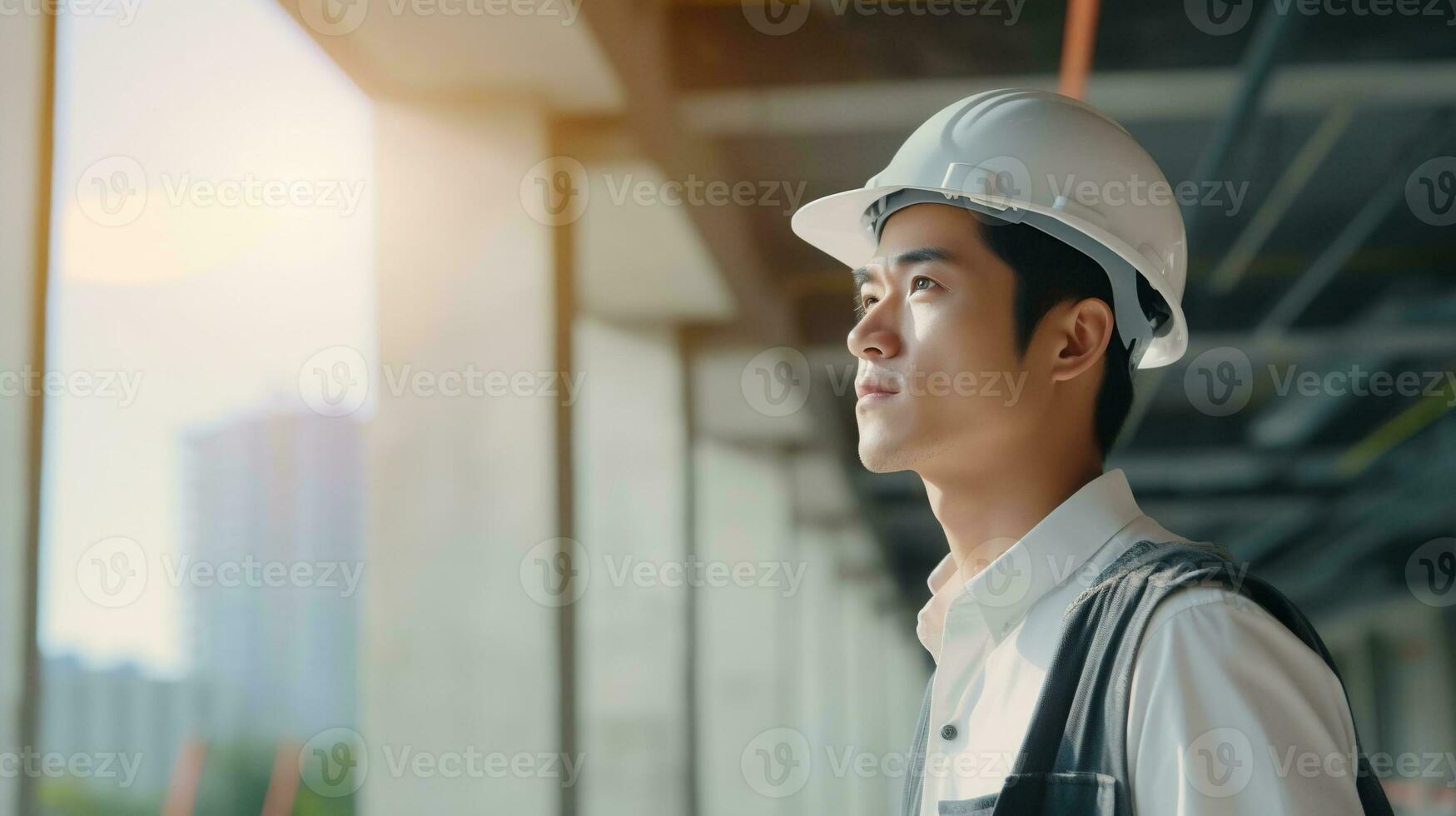 AI generated Portrait of Asian engineer or architect on construction site with building background photo
