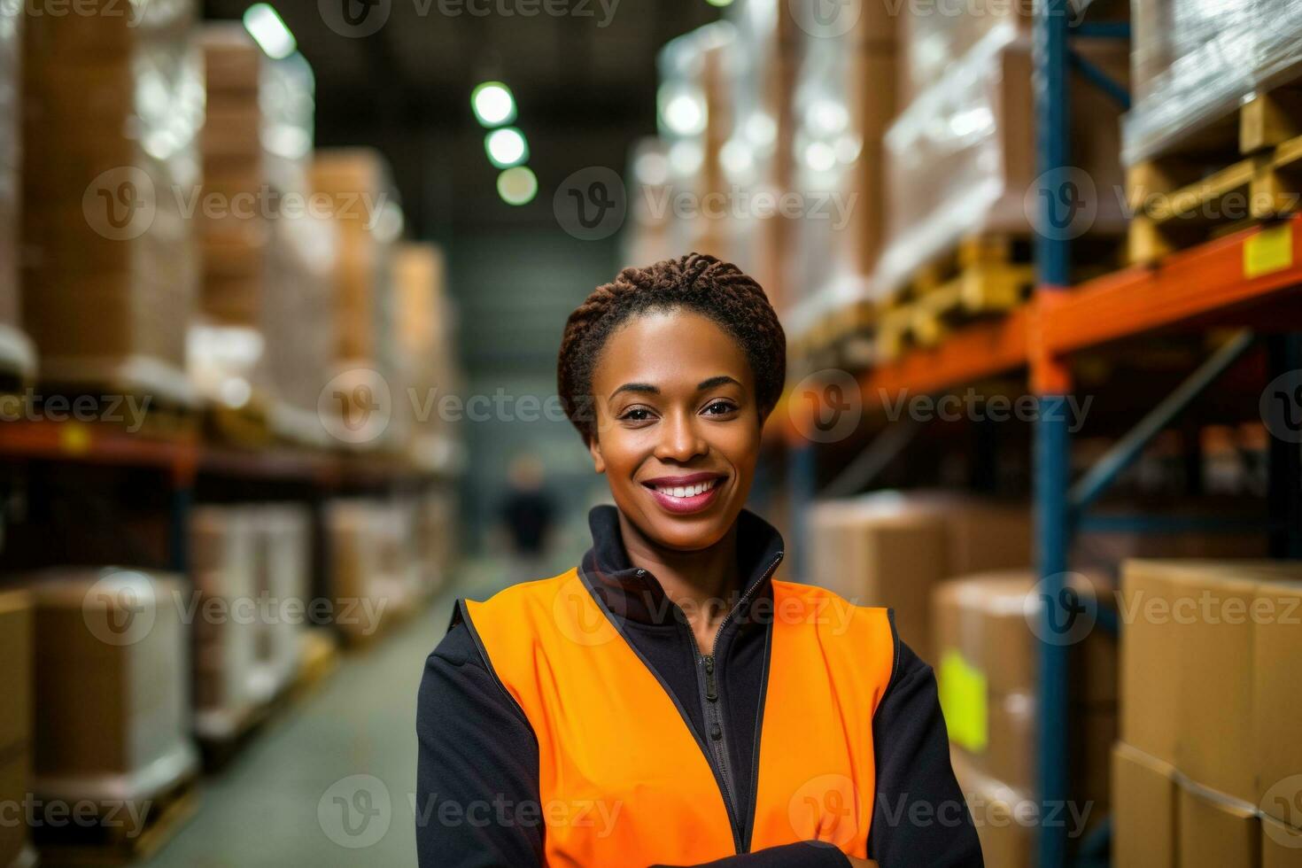 AI generated Portrait of smiling african american female warehouse worker standing in warehouse with colleagues in background photo