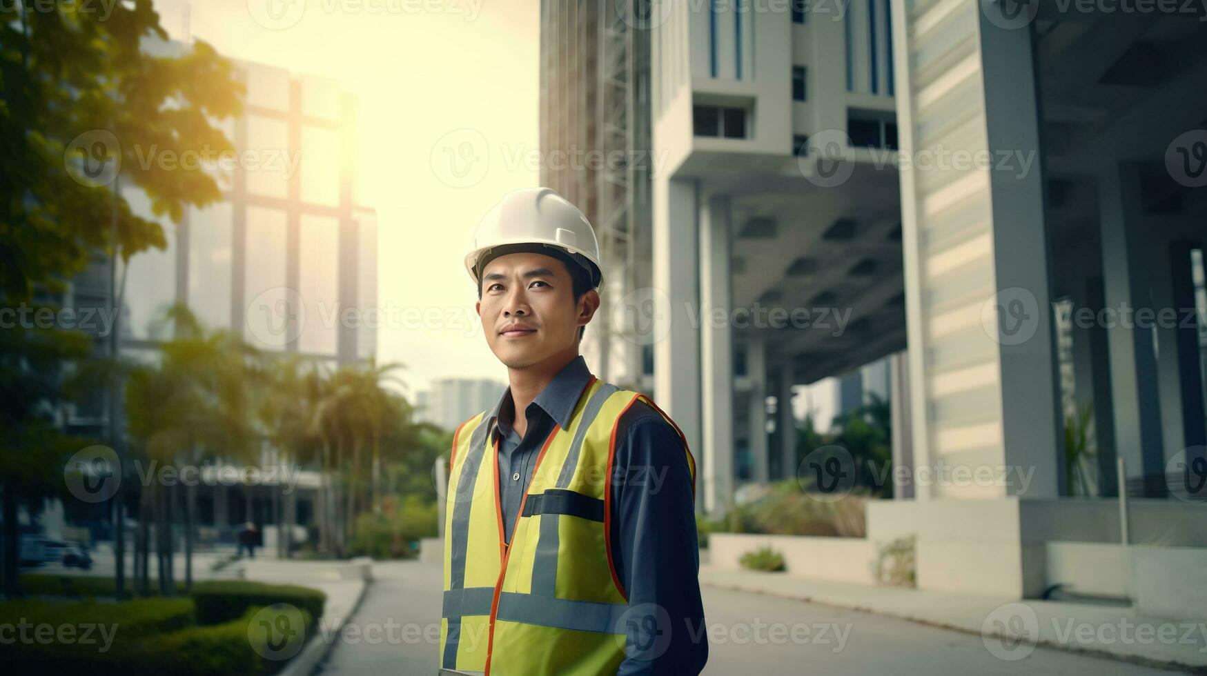 ai generado retrato de asiático ingeniero o arquitecto en construcción sitio con edificio antecedentes foto