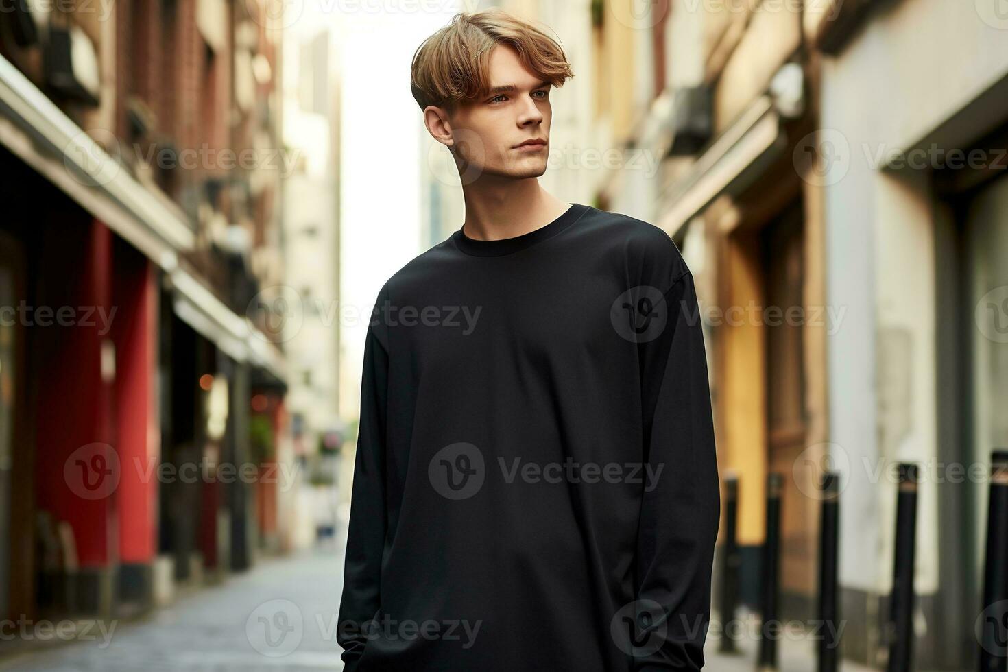AI generated Portrait of a handsome young man in a black shirt photo