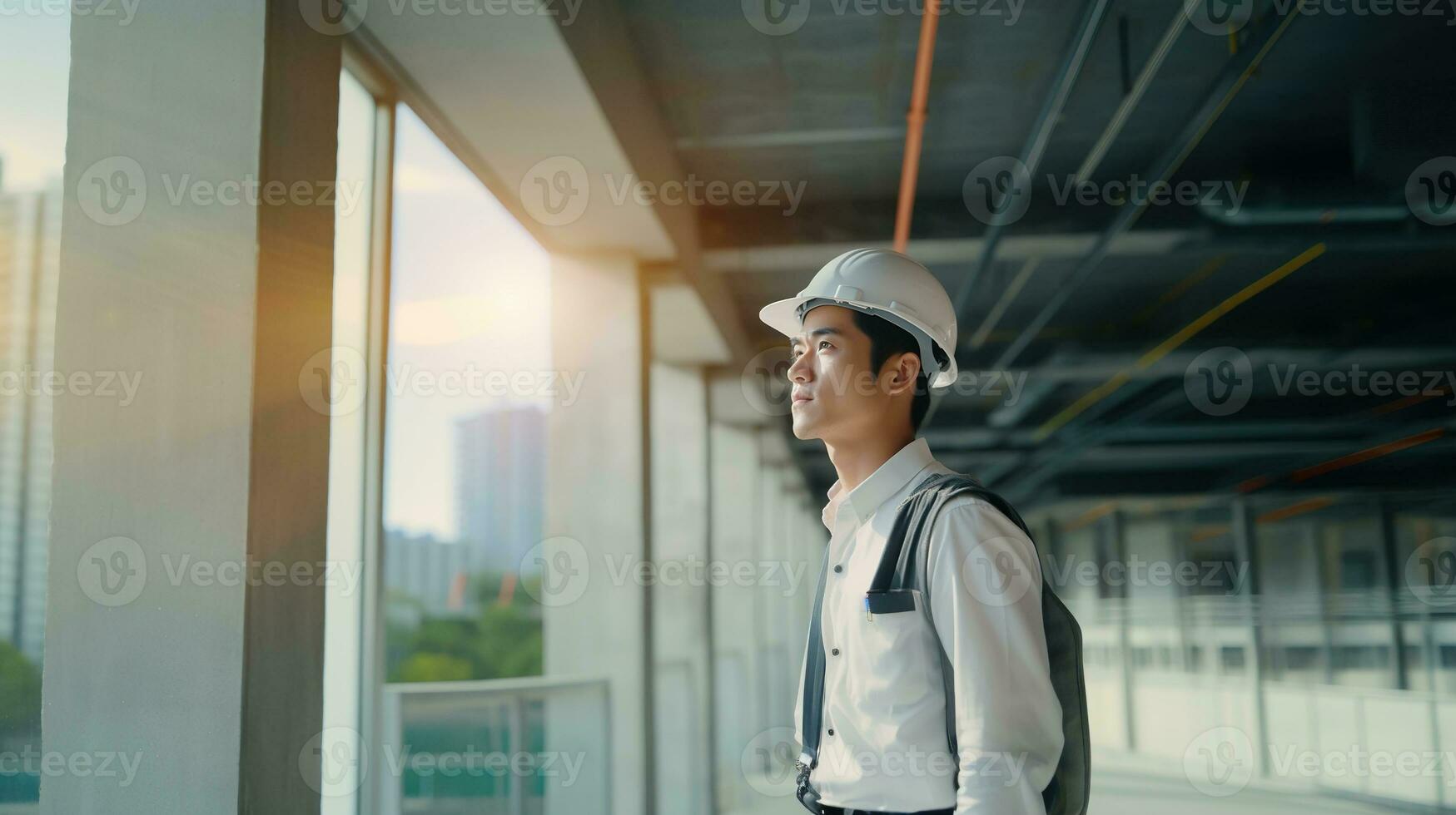 AI generated Portrait of Asian engineer or architect on construction site with building background photo
