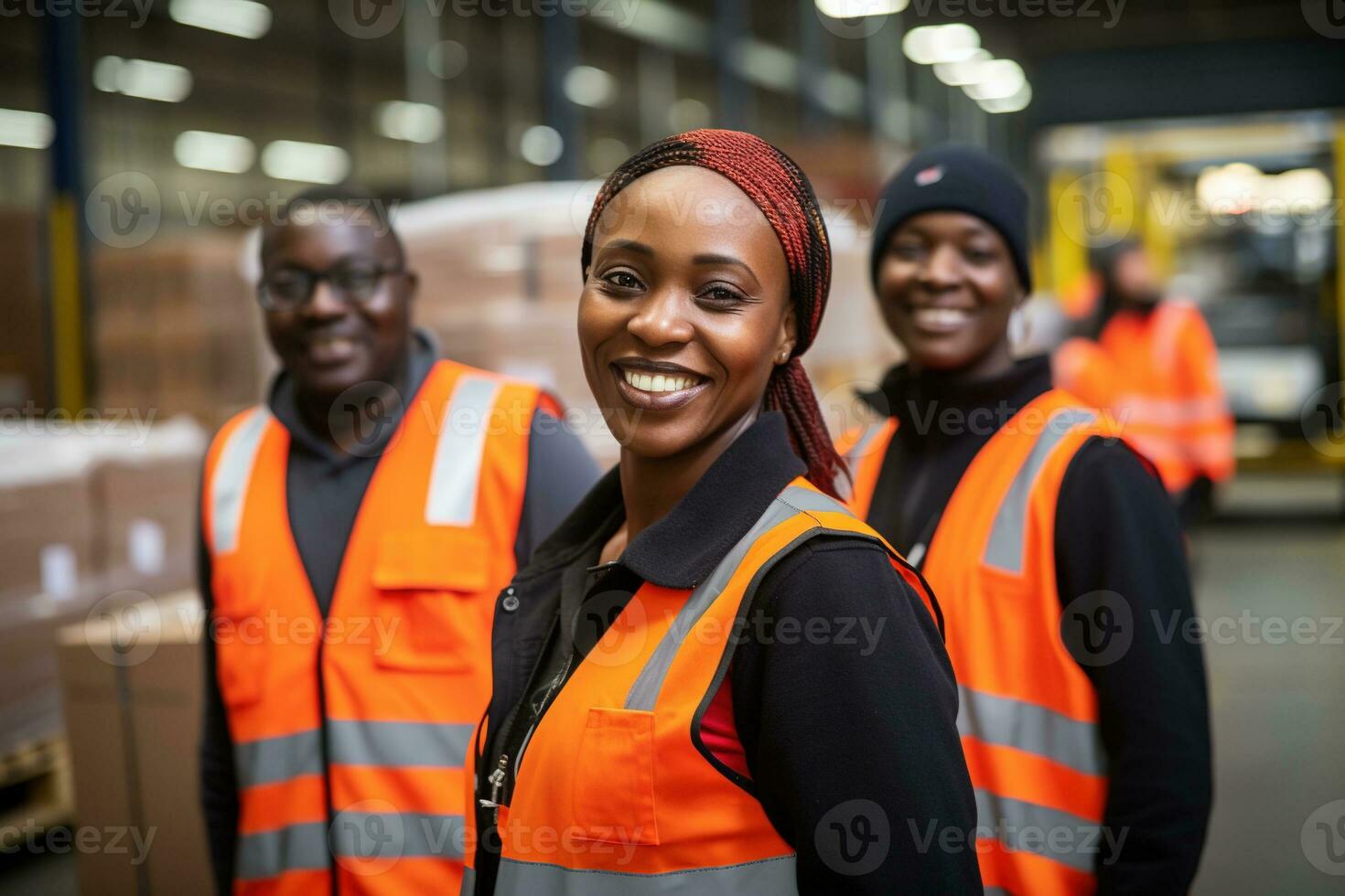 AI generated Portrait of smiling african american female warehouse worker standing in warehouse with colleagues in background photo