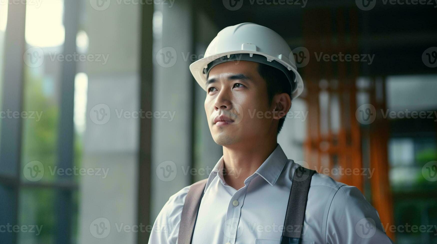 AI generated Portrait of Asian engineer or architect on construction site with building background photo
