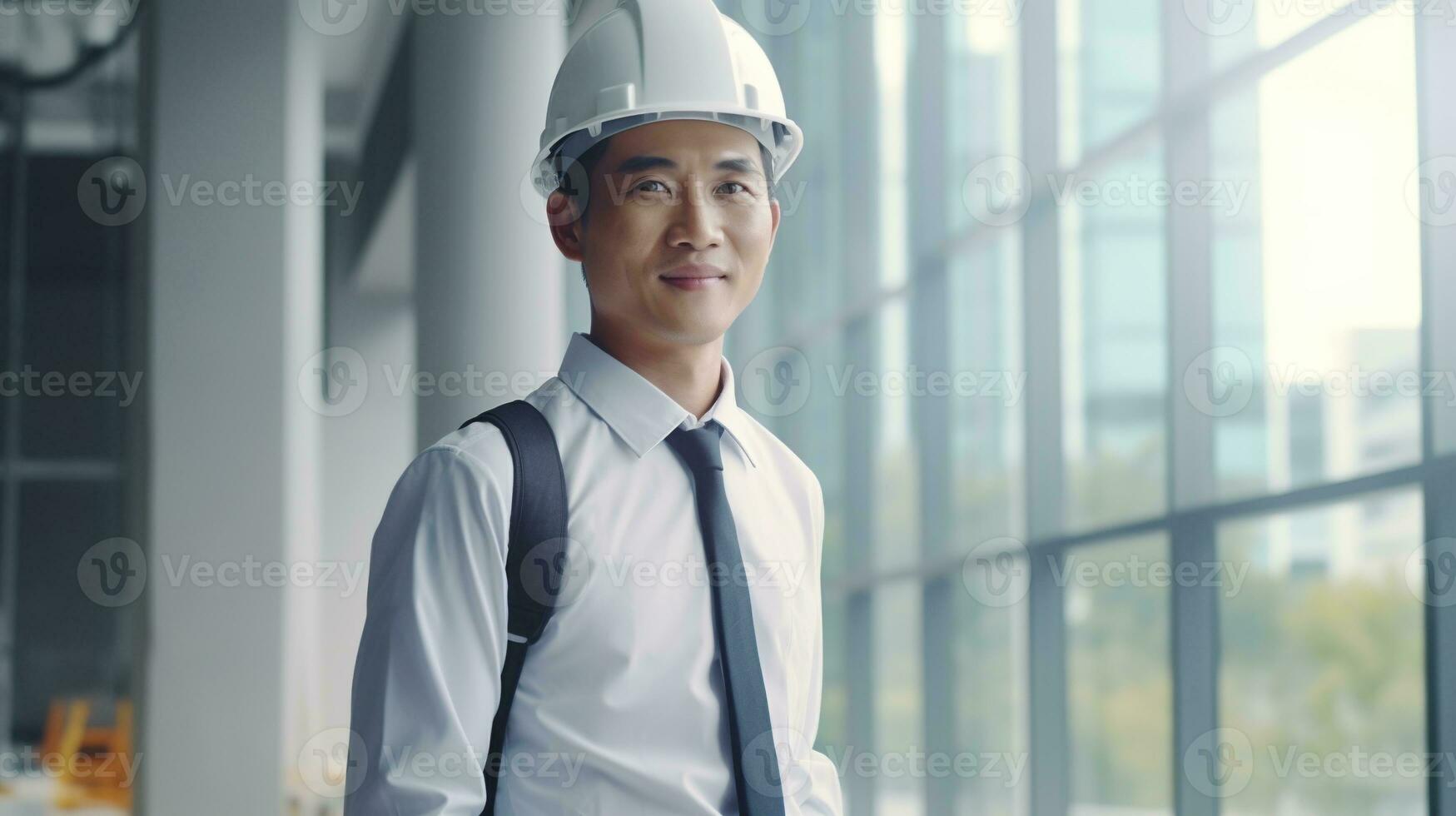 AI generated Portrait of Asian engineer or architect on construction site with building background photo