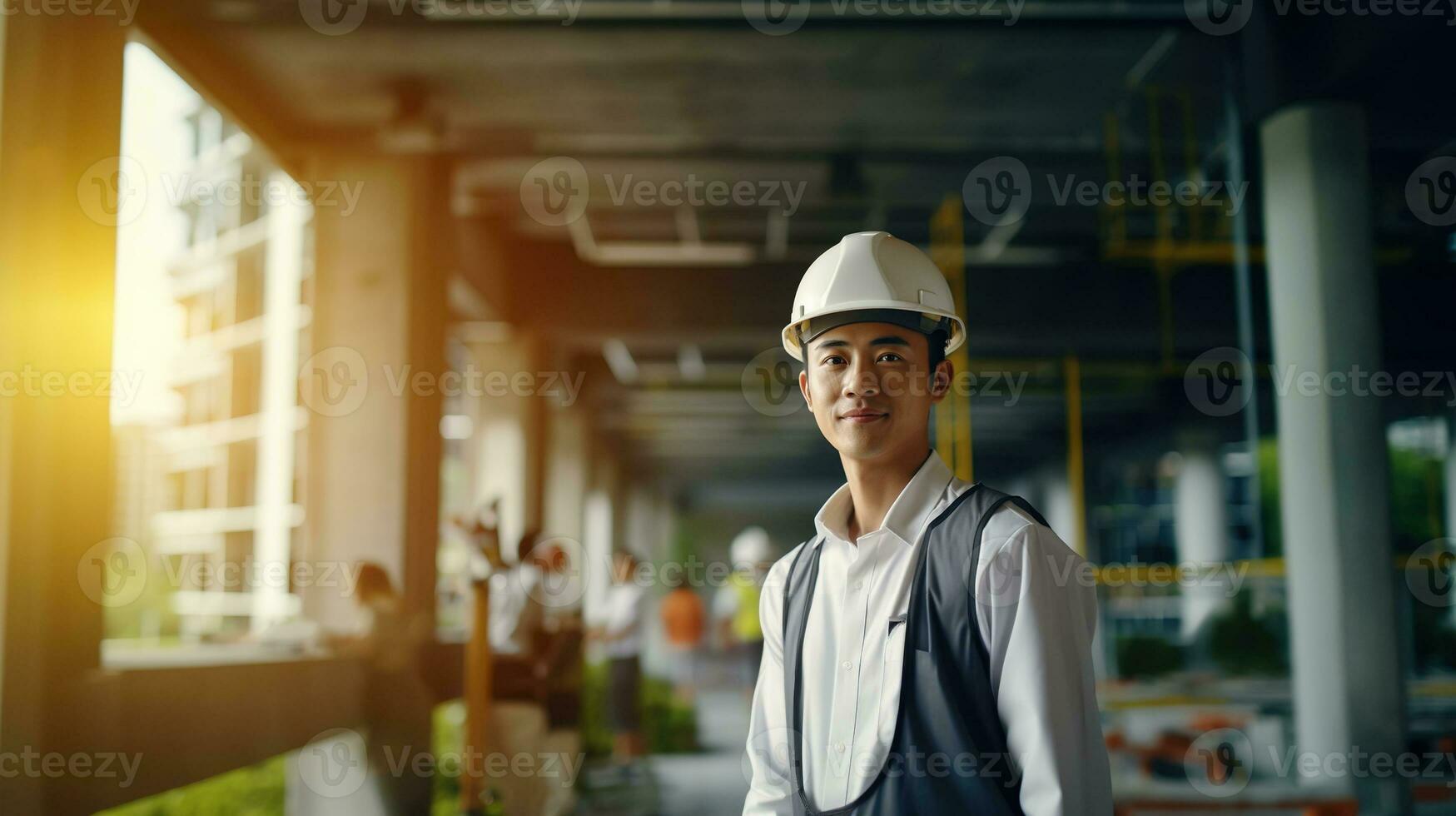 AI generated Portrait of Asian engineer or architect on construction site with building background photo