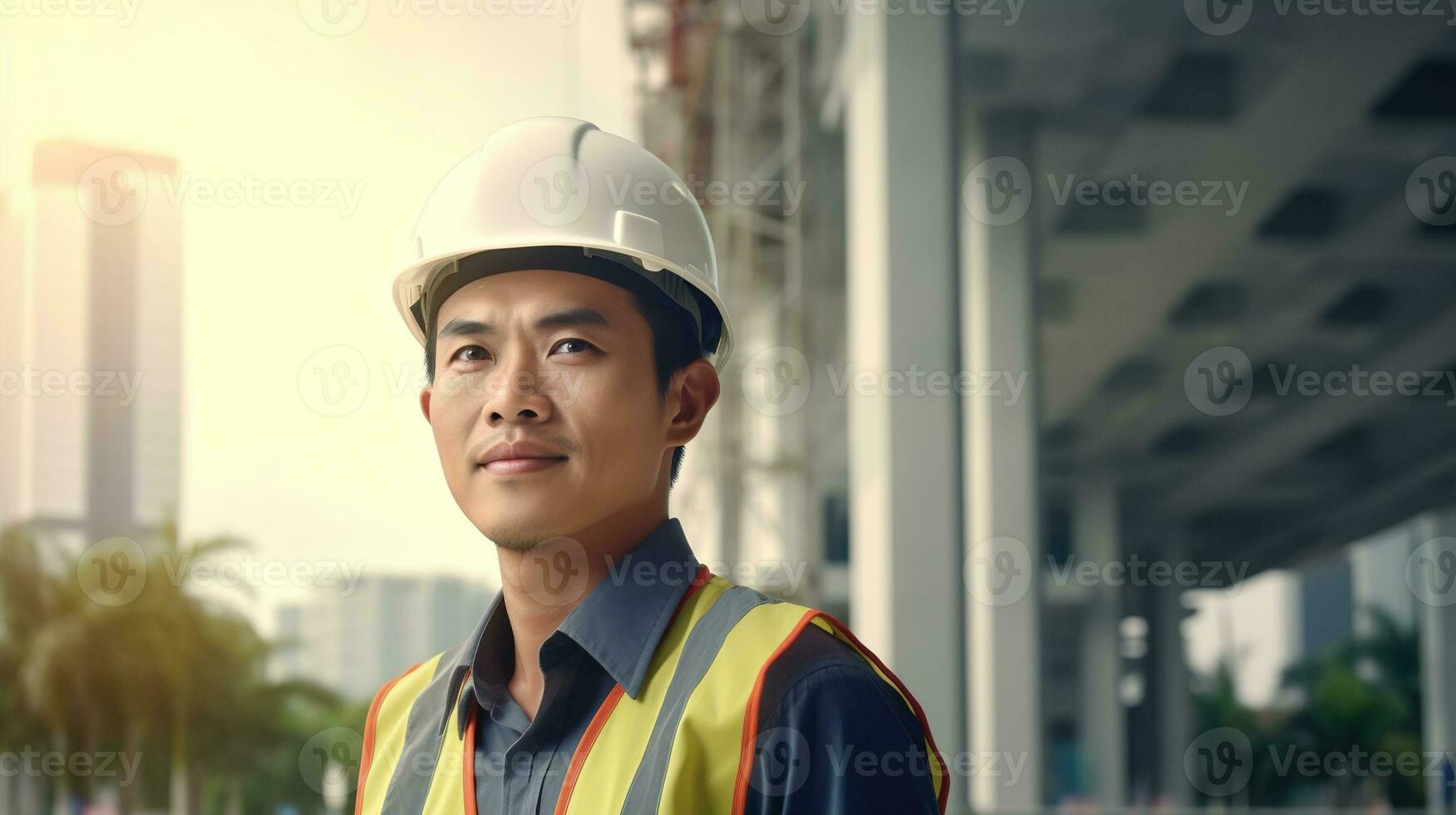 AI generated Portrait of Asian engineer or architect on construction site with building background photo